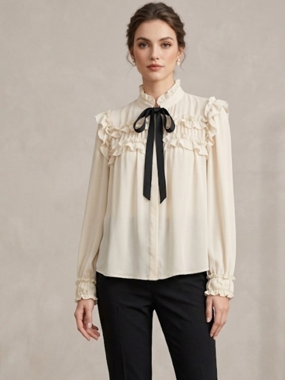 Women's Cream Ruffle Bow-Front Blouse